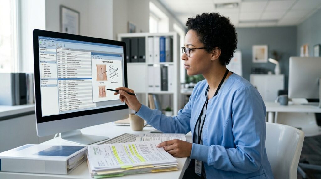 A Women is describing the cpt code for laparotomy