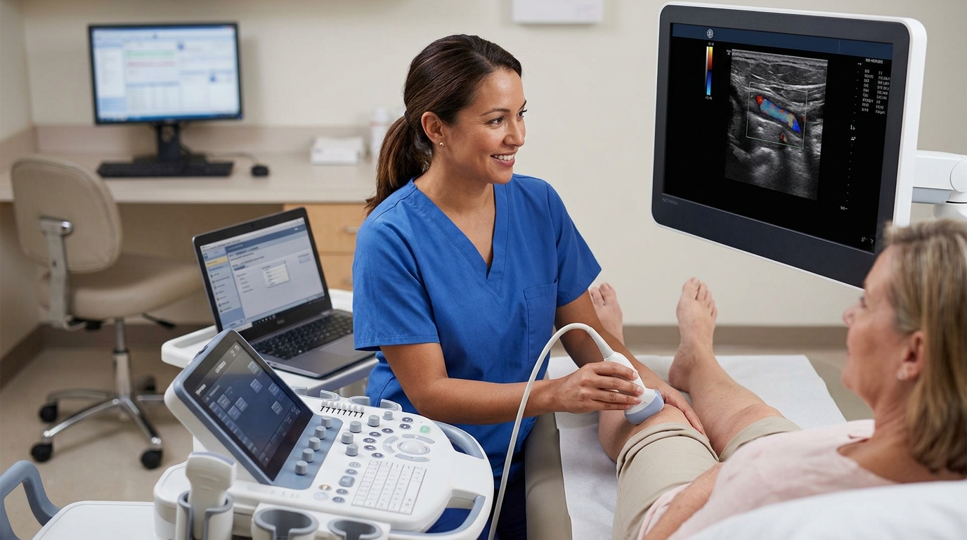 A nurse is applying non-invasive duplex on the Knee of a female patient.