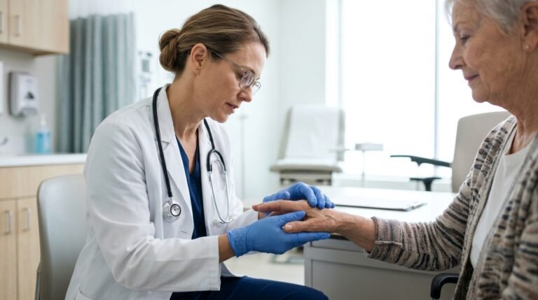 Doctor attending to patient hand