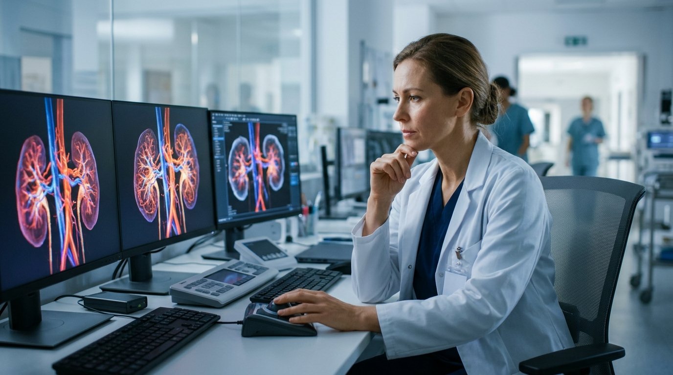 Doctor reviewing kidney scans
