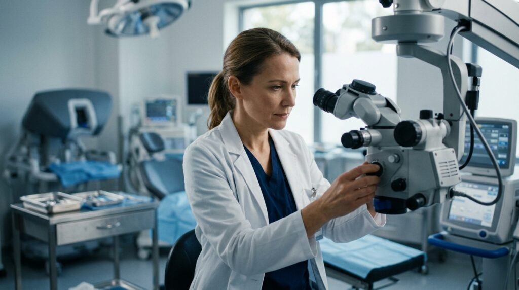 Ophthalmologist reviewing equipm
