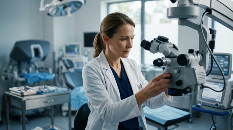 Ophthalmologist reviewing equipm