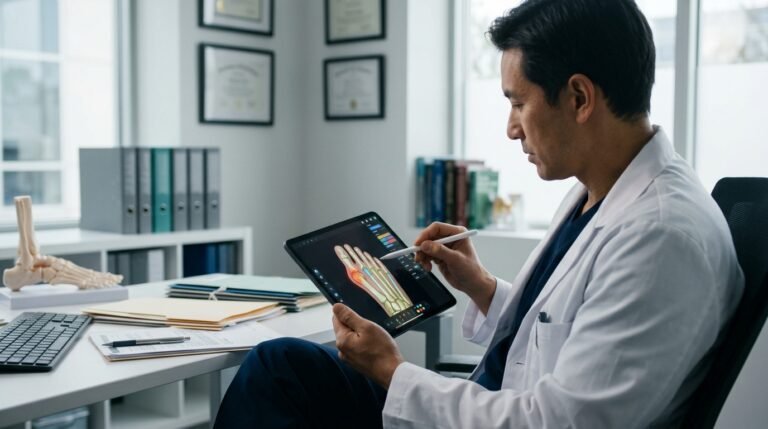 Surgeon reviewing foot anatomica