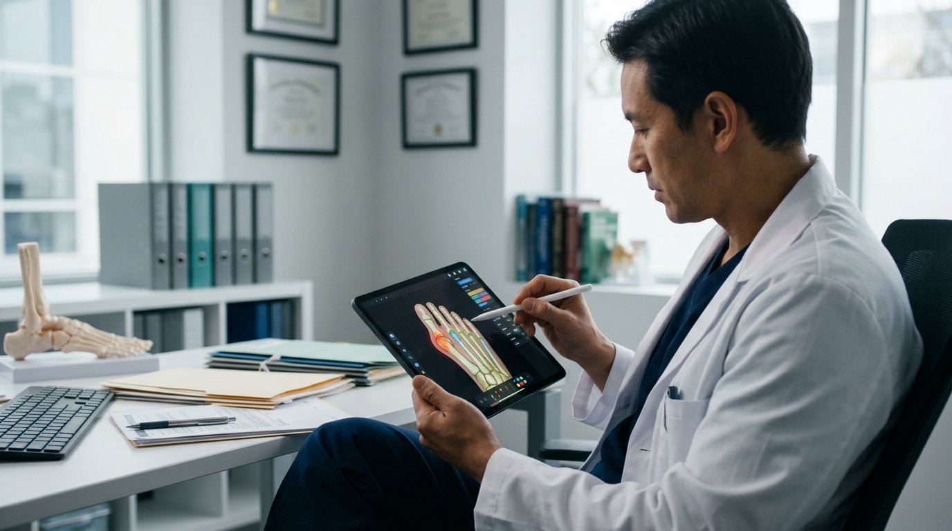 Surgeon reviewing foot anatomica