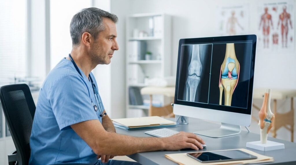 Surgeon reviewing knee X ray