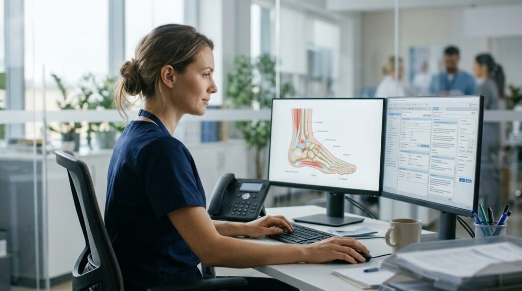 Woman Analyzing the Foot Skeleton