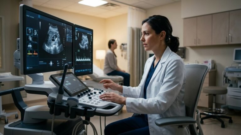 Woman reviewing ultrasound imagery